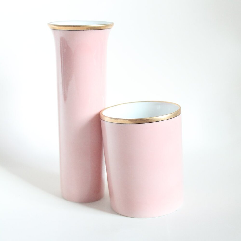 [FF] Matching Pink Cylindrical Vases with Golden Rims (Japan)